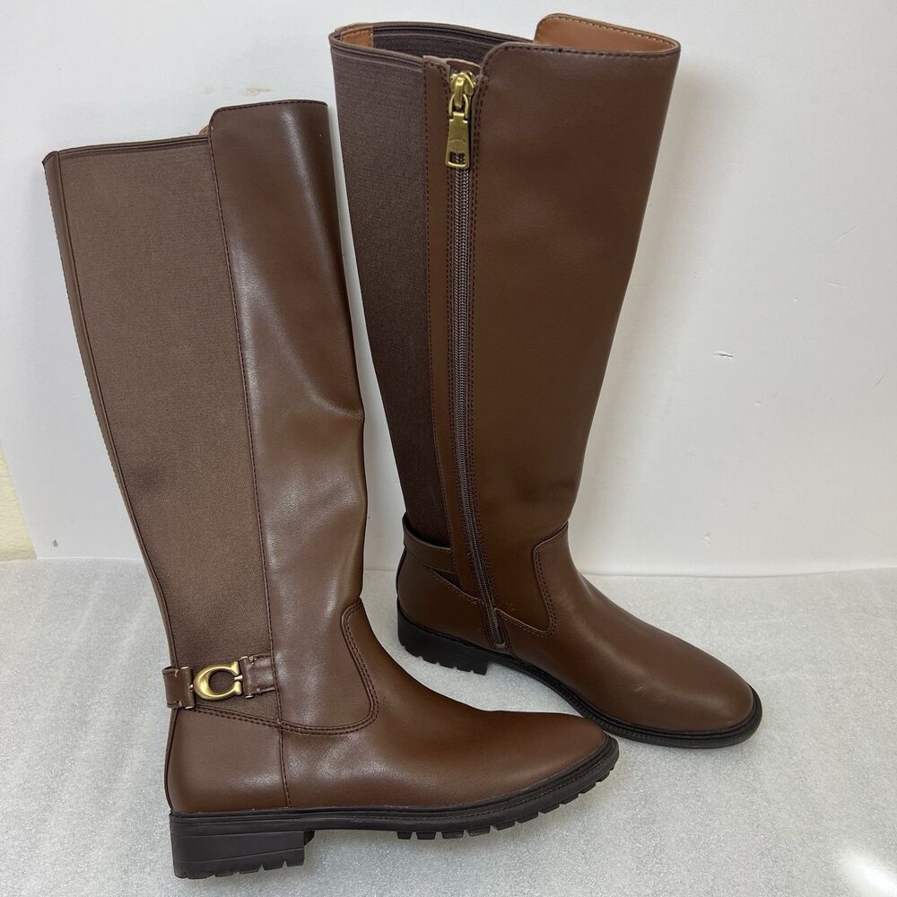 Coach Faith Leather Boots Womens Sz 6 Tall Riding Brown Walnut NEW Knee High - Picture 1 of 12
